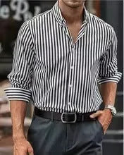 Men's striped casual button shirt with loose fit and long sleeves in polyester fabric