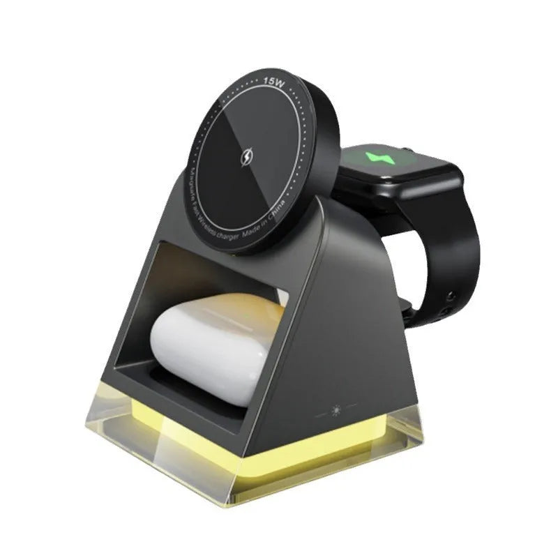 Black 3-in-1 magnetic wireless charger with night lamp, 15W Type-C, 118 x 104 x 78mm