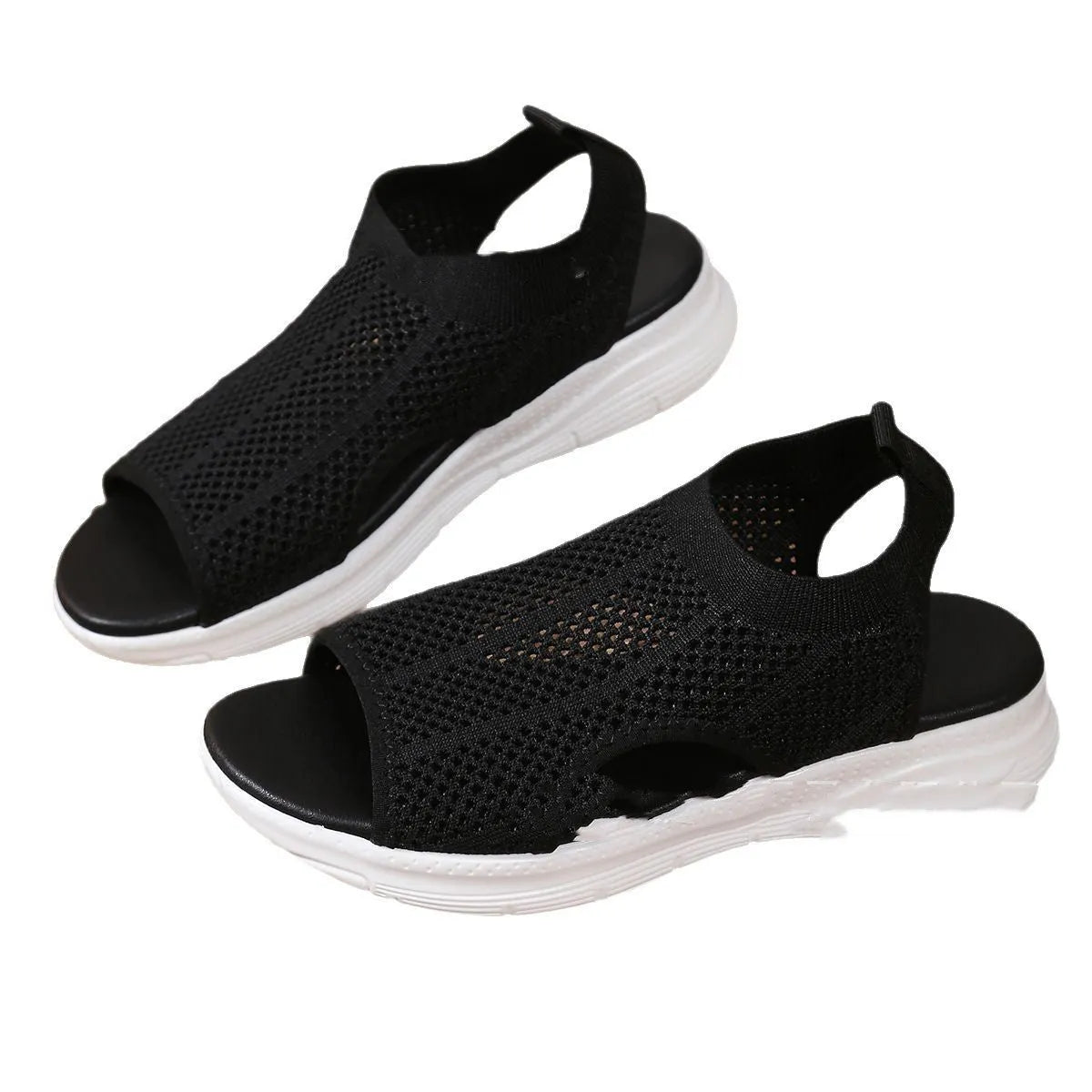 Women's platform sports sandals in black, white, or pink with rubber sole and mesh lining