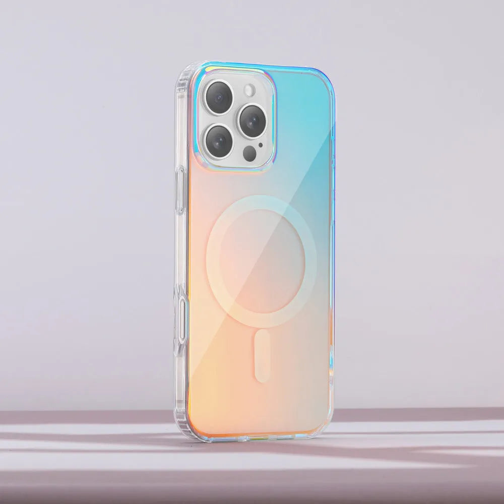 Glossy transparent magnetic case for iPhone on a table, showing chameleon colour-shift effect.