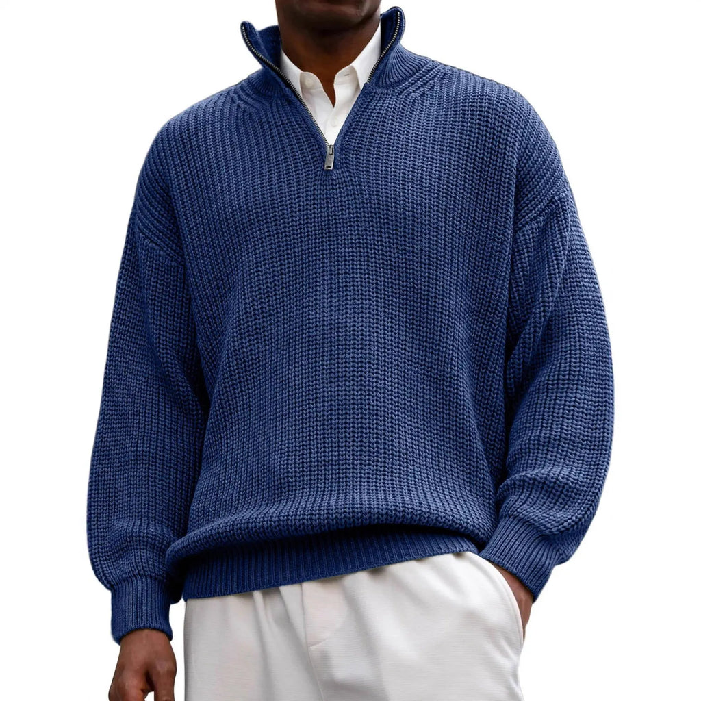 Men's half zip polo neck sweater, long sleeve loose fit pullover in black, gray, navy blue, green, brick red, army green, blue or brown