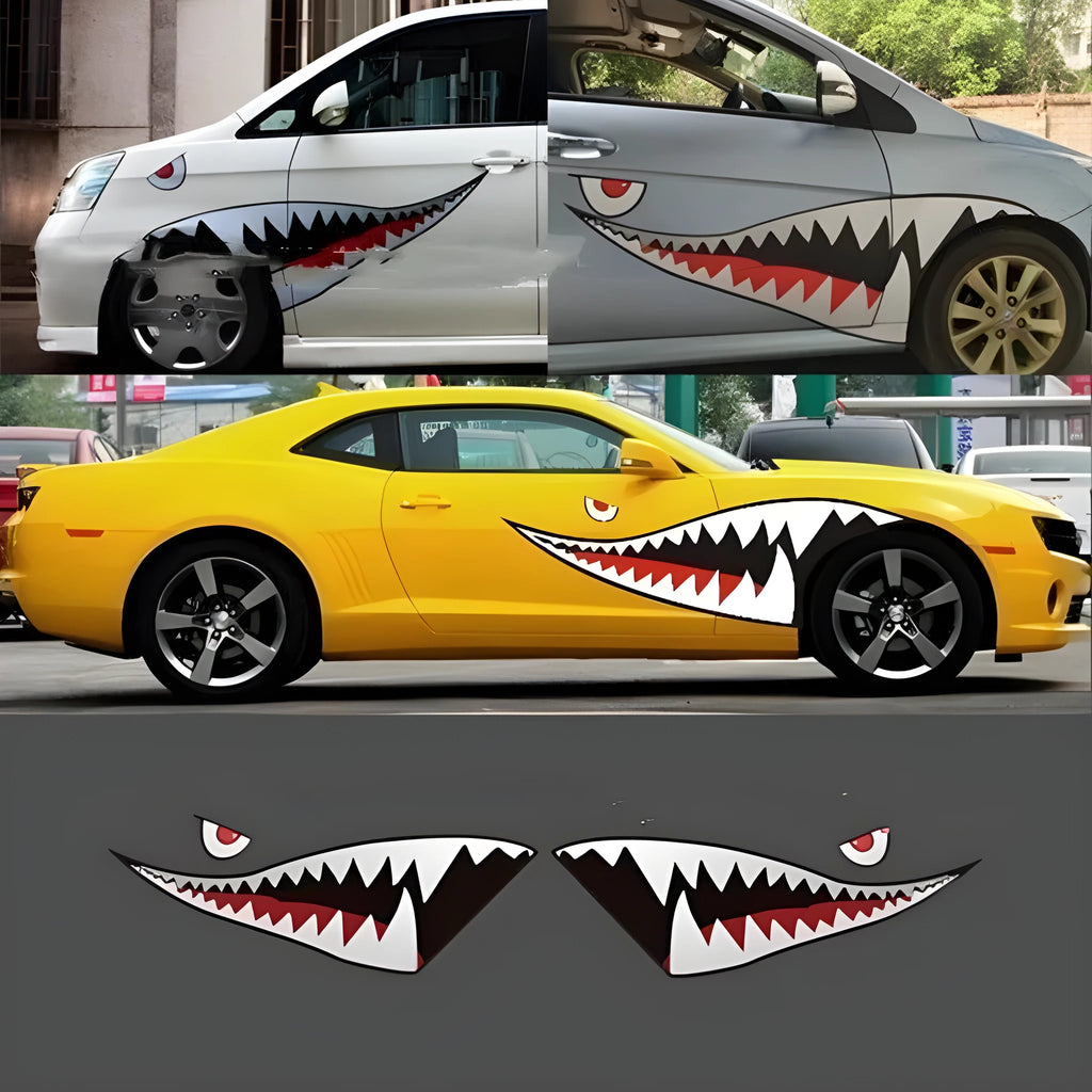 Large Shark design PVC car body sticker showing dimensions of 150cm by 51cm.