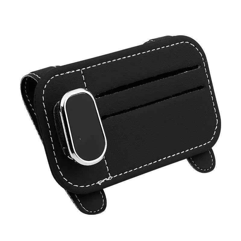 Genuine cowhide leather car sun visor organiser with card slots and integrated glasses clip