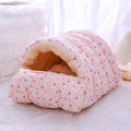 Enclosed winter cat bed with a removable cover shown in a floral pattern, suitable for cage or home use.