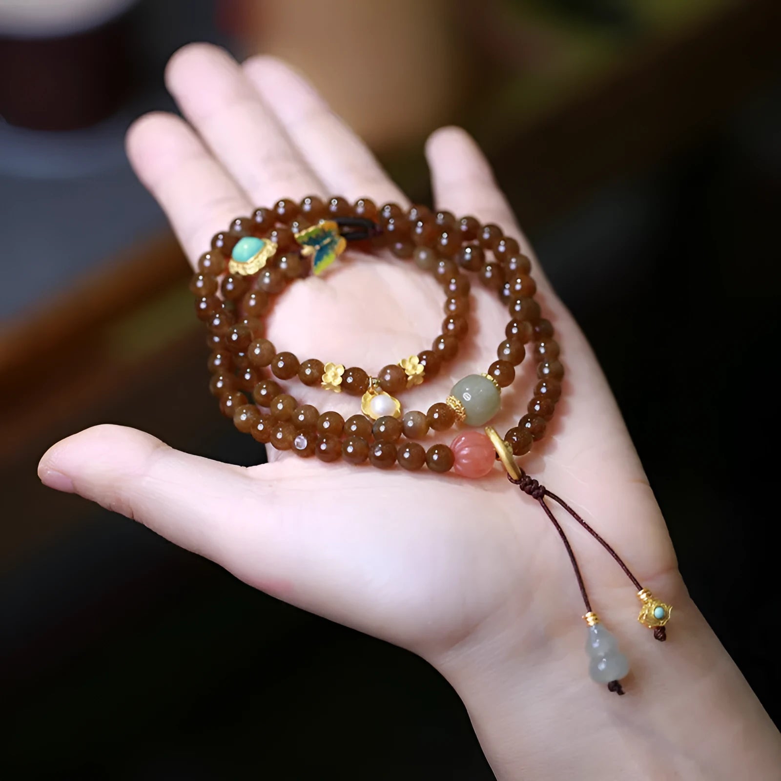 Brown jade Hetian jade three-ring bracelet with butterfly gourd pearl design and silver plated accessories