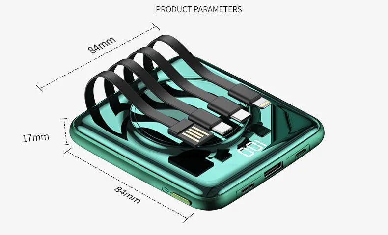 Black 20000mAh fast charging power bank with LCD display showing battery percentage.