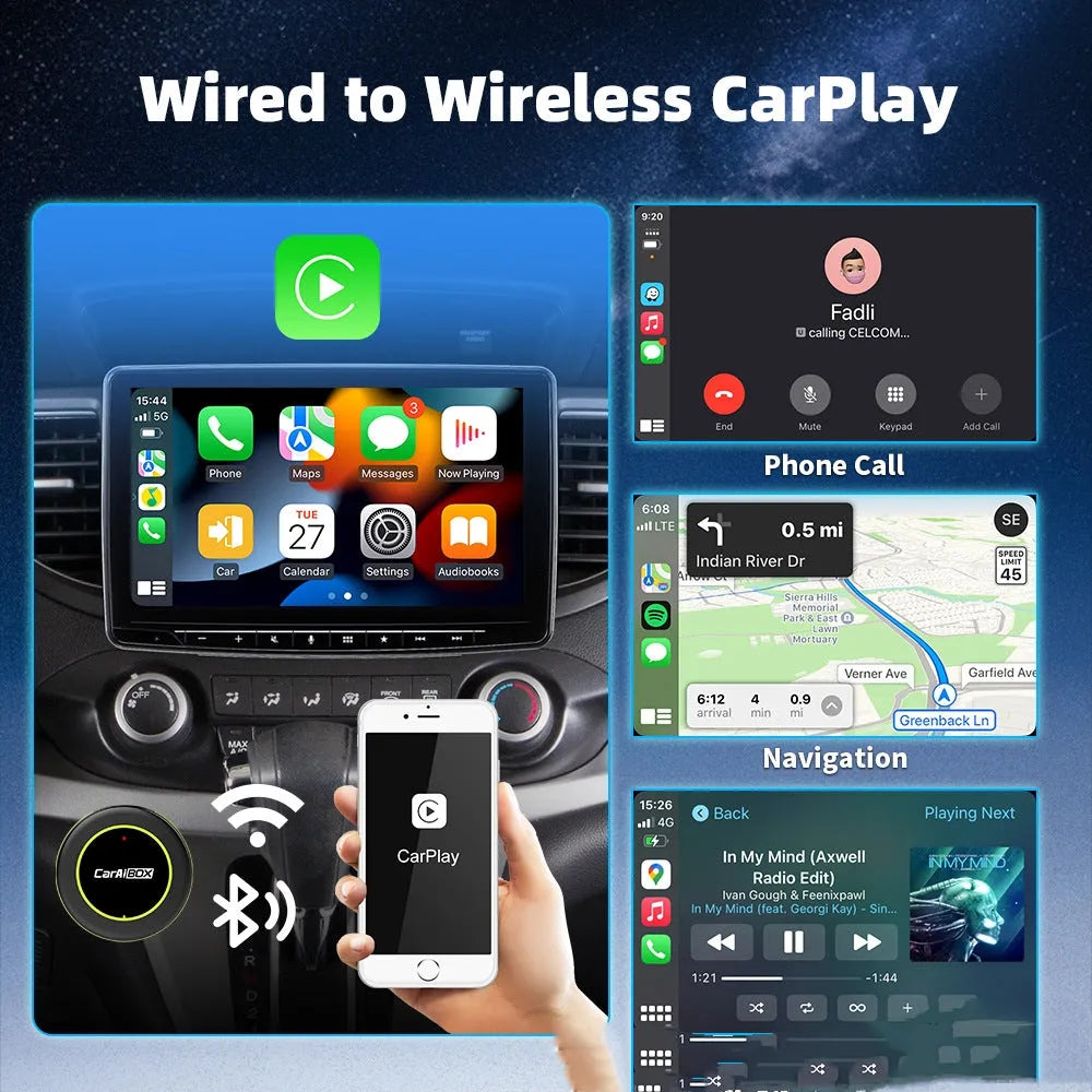 Black C6 wireless car adapter with Type-C USB interface for Android Auto and CarPlay