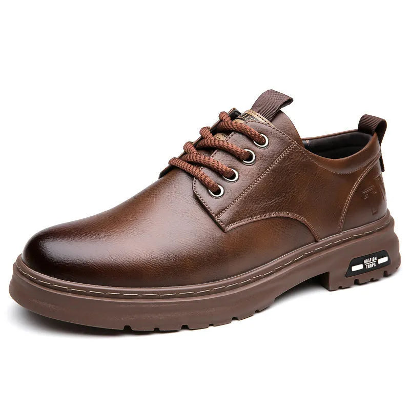 Men's black retro casual leather shoes with round toe and flat square heel on a white background