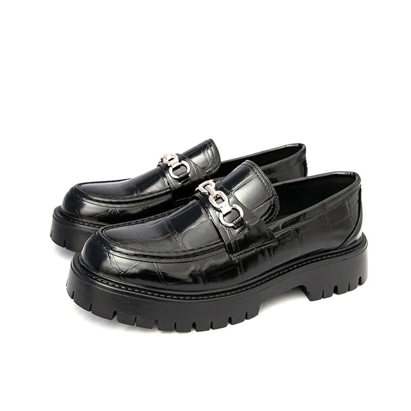 Men's crocodile pattern leather platform loafers in black, brown and yellow colours with flat heel