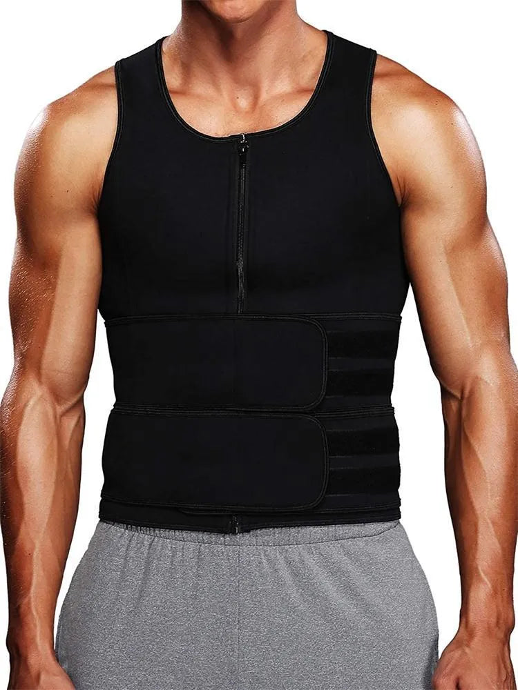 Men's double-belt waist trainer vest in black neoprene, front view, showing adjustable belts