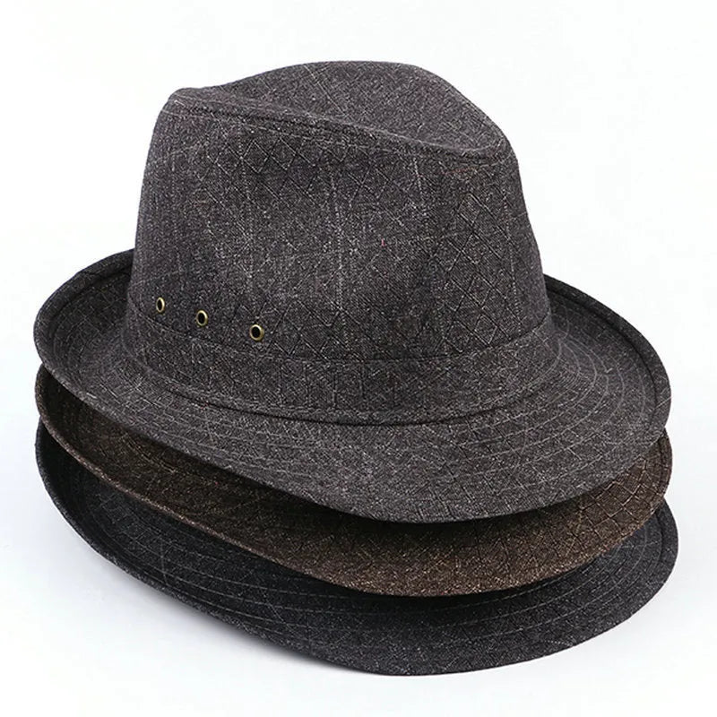 Classic brown fedora hat for men with a reinforced brim, shown on a wooden stand.