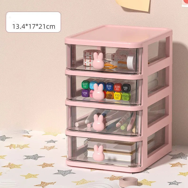 Pink rabbit cartoon desktop storage box with 4L capacity PP plastic drawer-type organizer for children's hair clips