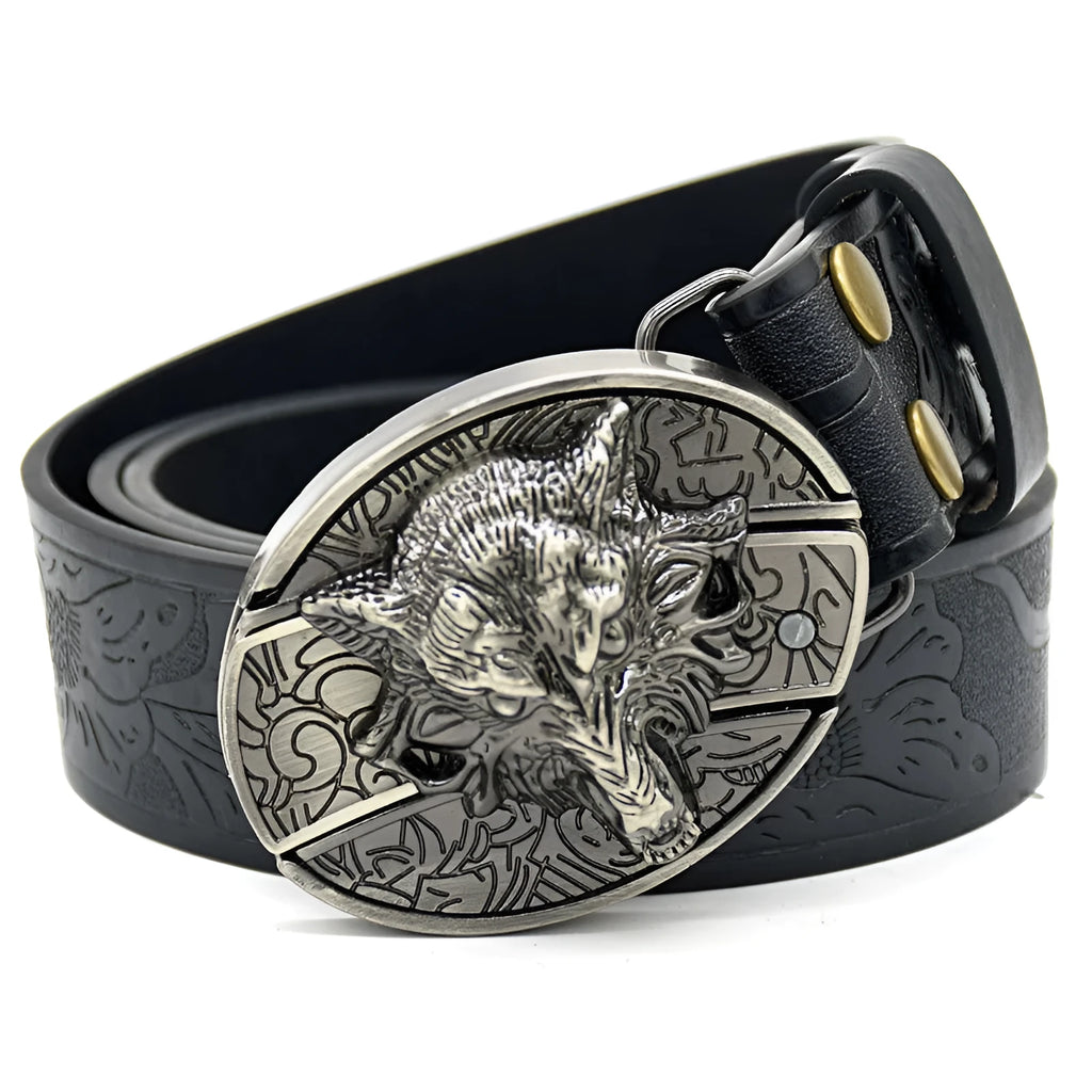 Men's casual belt with alloy black wolf head buckle and imitation leather strap 120cm