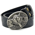 Men's casual belt with alloy black wolf head buckle and imitation leather strap 120cm