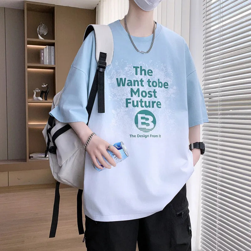 Boys dark blue t-shirt with white Jacquard printed letters and drop-shoulder short sleeves.