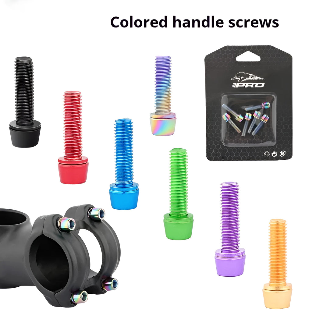 Set of six stainless steel mountain bike handlebar fixing screws in assorted colours on a card.