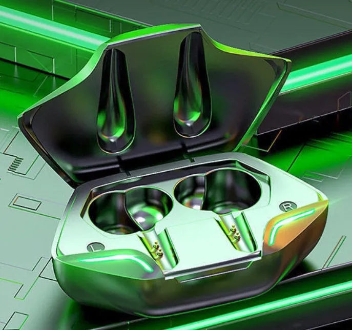 Black wireless gaming earbuds and a compact rectangular charging case on a grey surface.