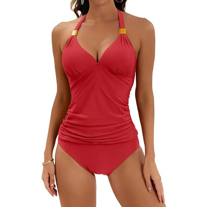 Women's halter neck two piece swimsuit in a solid colour with split tie sides