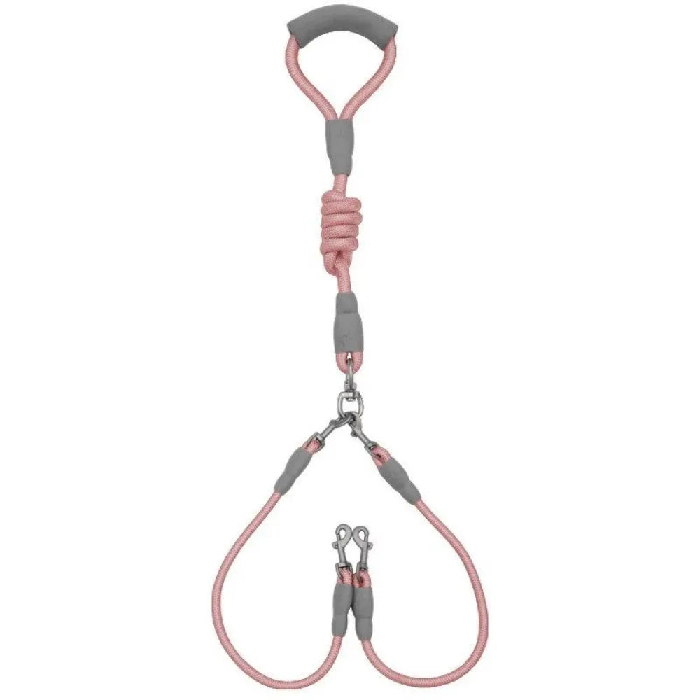 Blue double dog leash for two small dogs with a soft foam handle and metal clips.