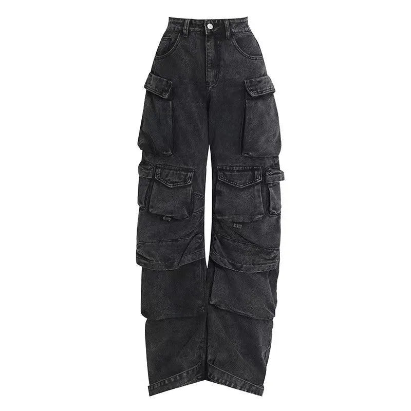 Women's high waist wide leg trousers with tie-dyed pattern and multiple pockets