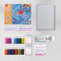 Hand painted floating painting educational kit with gouache liquid, pigment bottles, drawing paper, and stirring rods