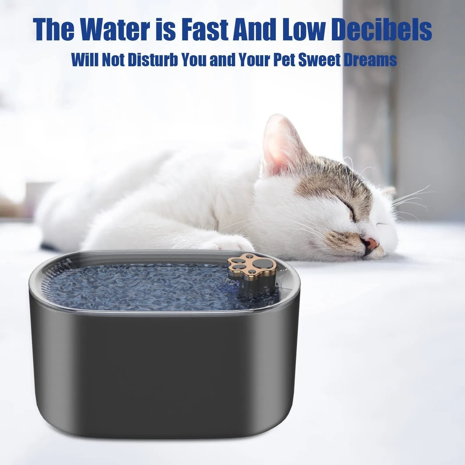 Berlin blue automatic pet water fountain with quiet pump and triple filter on floor.