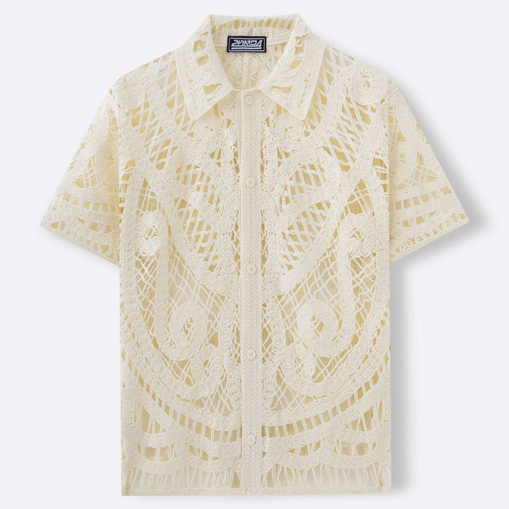 Men's hollow crochet cardigan polo shirt in apricot acrylic knit with flocking detail short sleeves regular fit
