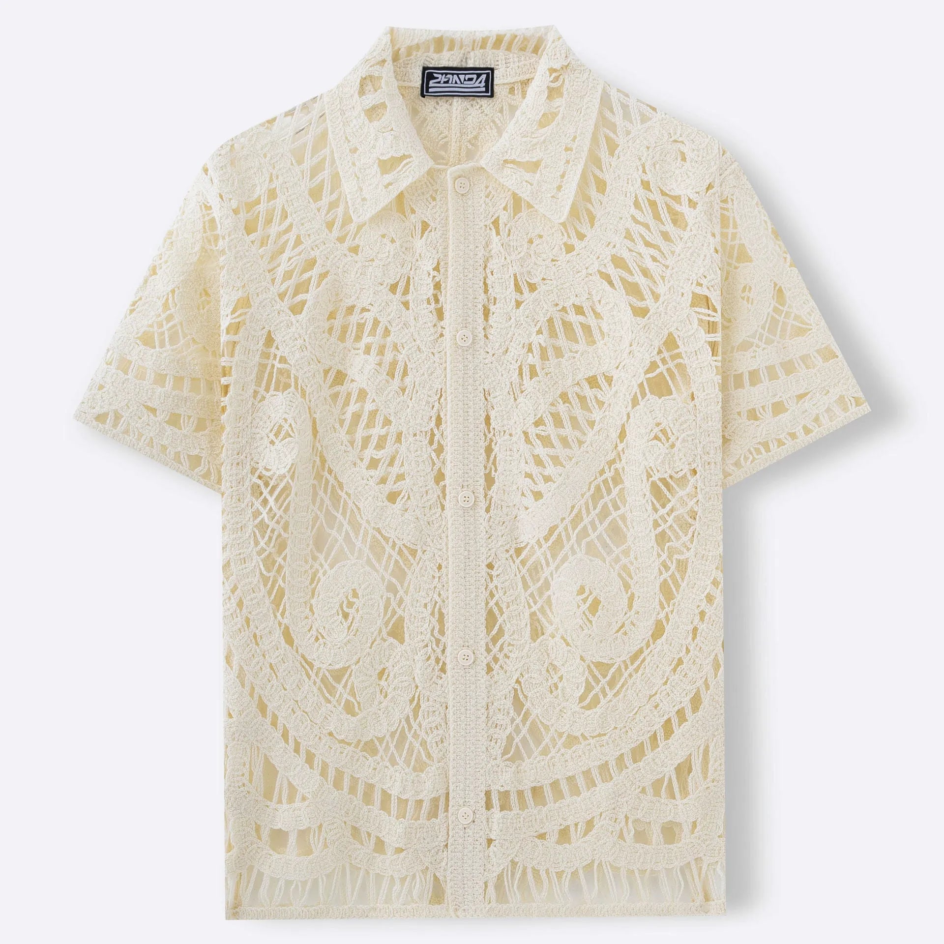 Men's hollow crochet cardigan polo shirt in apricot acrylic knit with flocking detail short sleeves regular fit