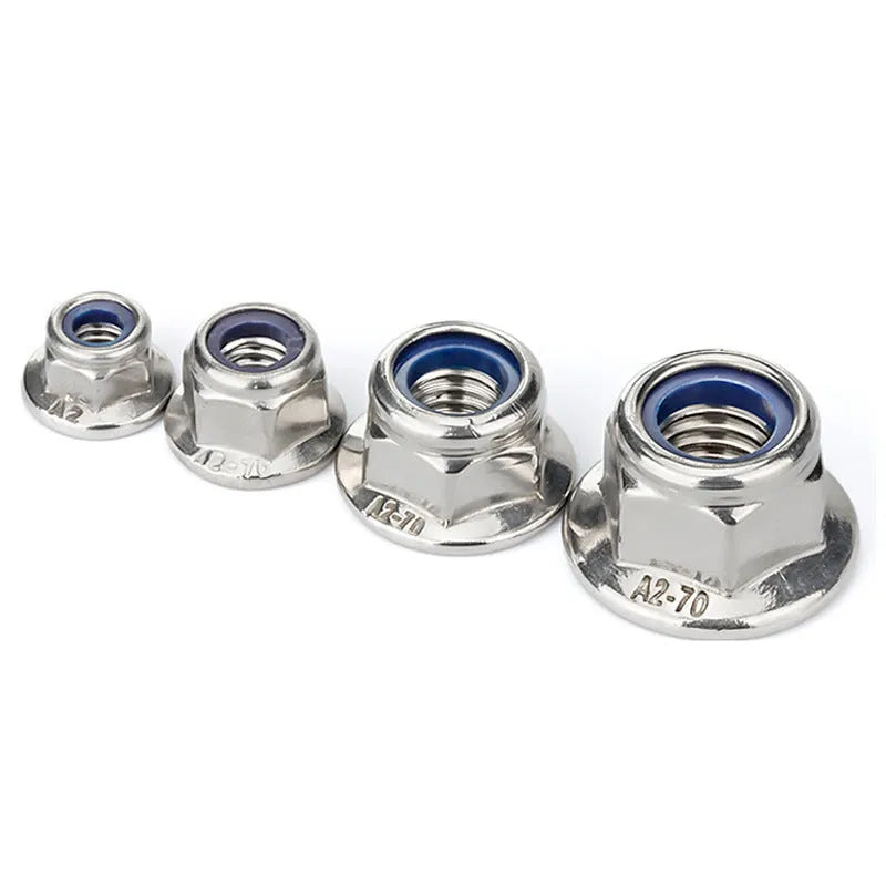 304 stainless steel flange nylon locking nut with hexagonal flats and integrated flange base, shown in metric sizes M3 to M16
