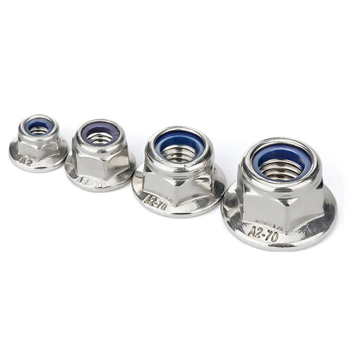 304 stainless steel flange nylon locking nut with hexagonal flats and integrated flange base, shown in metric sizes M3 to M16