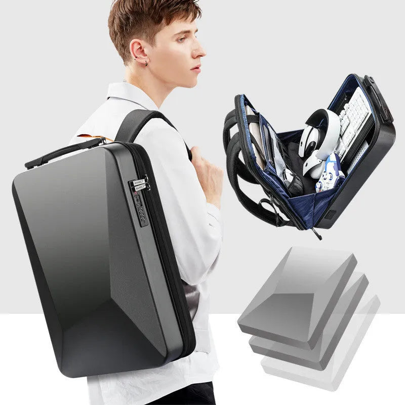 Men's grey hard shell laptop backpack with lockable zipper, showing internal phone and document pockets.