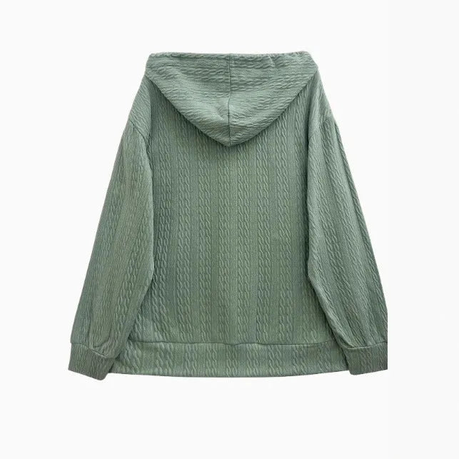 Green women’s hooded zipper sweater coat, loose fit, long sleeves, 50 cm length