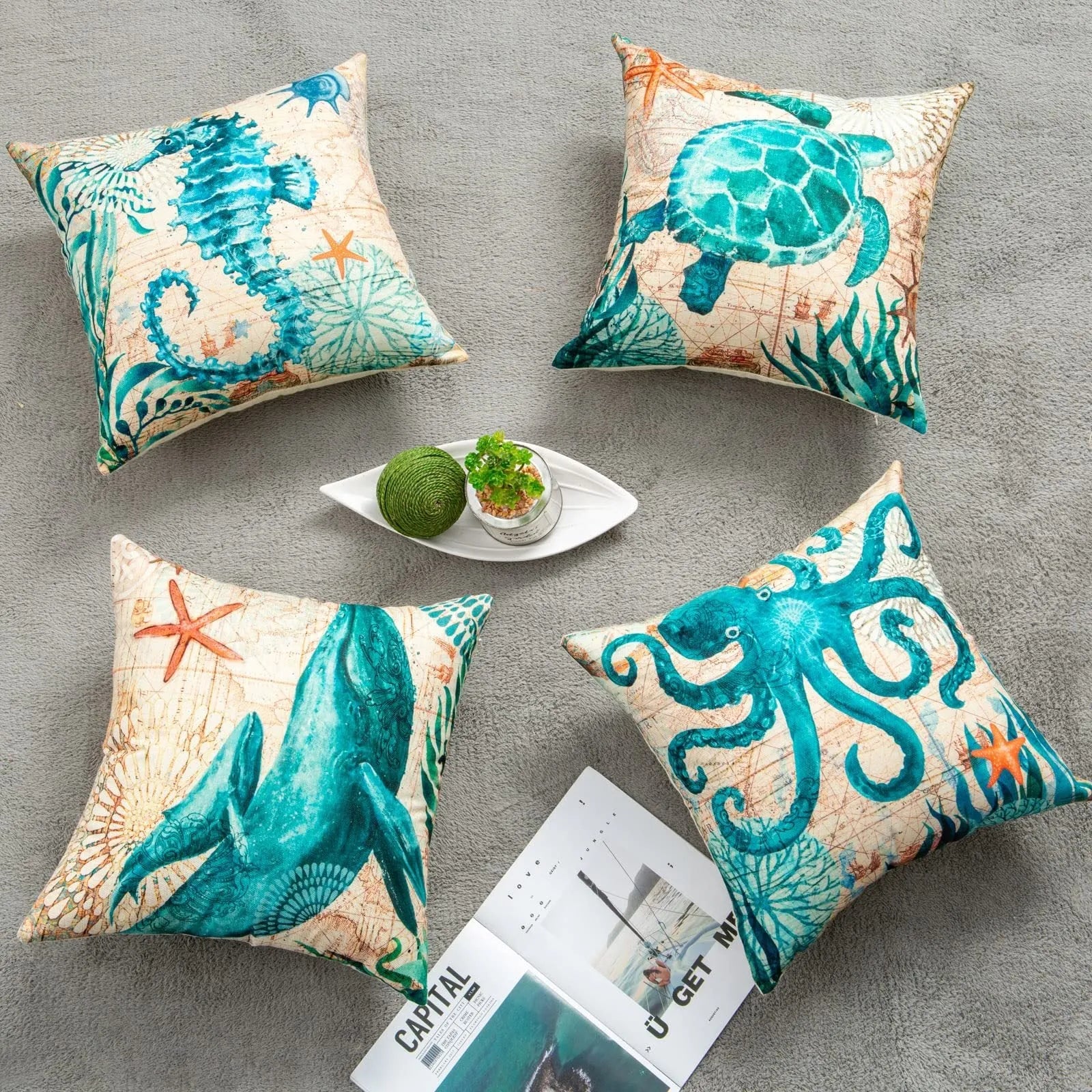 Square linen cushion cover with a colourful high-definition sea turtle print, showing the invisible zipper.