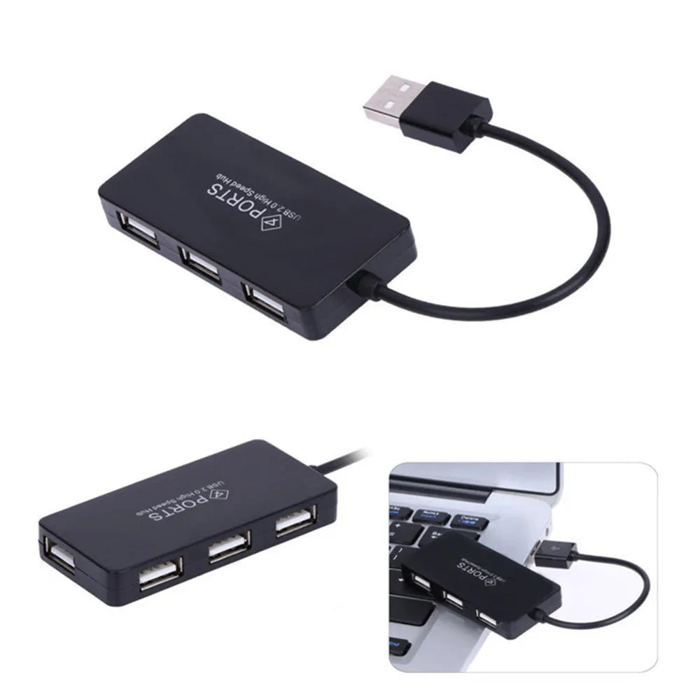 Compact black USB 2.0 4-port hub with switch, 70x30x10mm, 14.5cm cable
