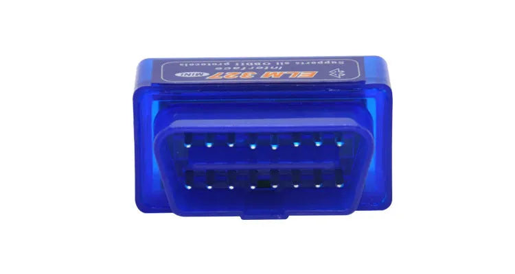 Compact black OBD2 Bluetooth diagnostic scanner for reading car engine fault codes.