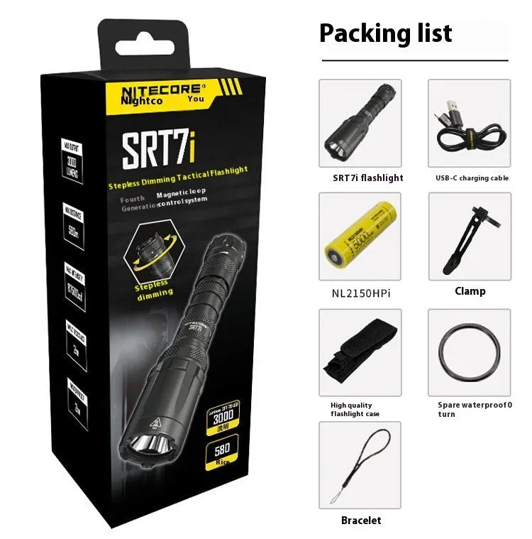 SRT7I standard tactical flashlight with magnetic ring and battery in aluminium alloy body