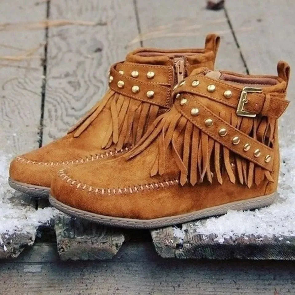 Retro ankle boots with rivet tassel flat heel suede women winter boots black