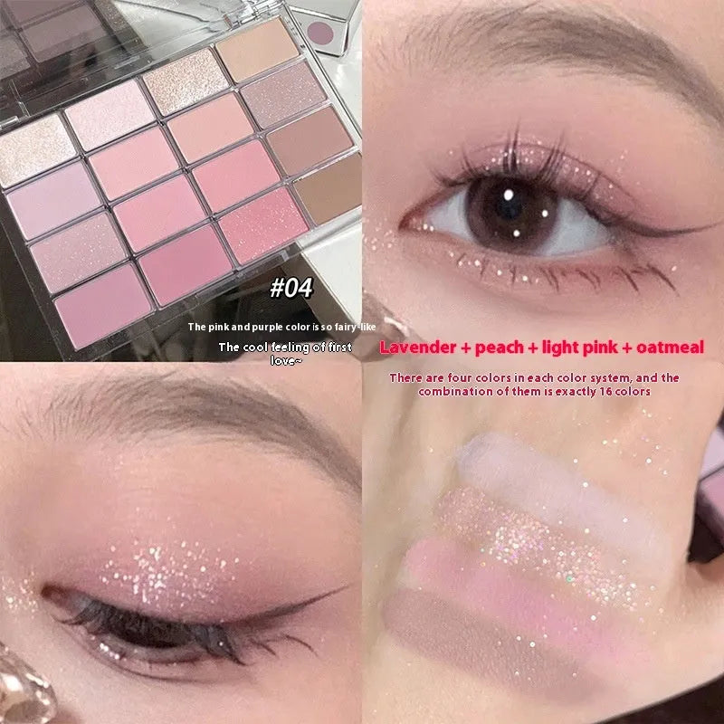 16 colour eye shadow palette with crouching silkworm design showing pink and brown shimmer matte shades