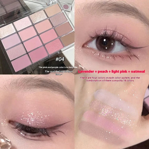 16 colour eye shadow palette with crouching silkworm design showing pink and brown shimmer matte shades