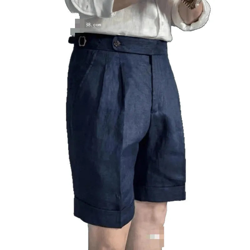 Men's linen five-point shorts in cotton-linen blend, double waist, cuffed hem, white colour, front view