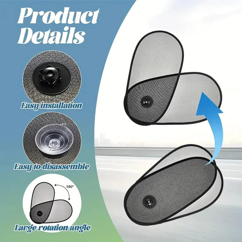Black stretchy car side window sunshade with suction cups fitted on a car window
