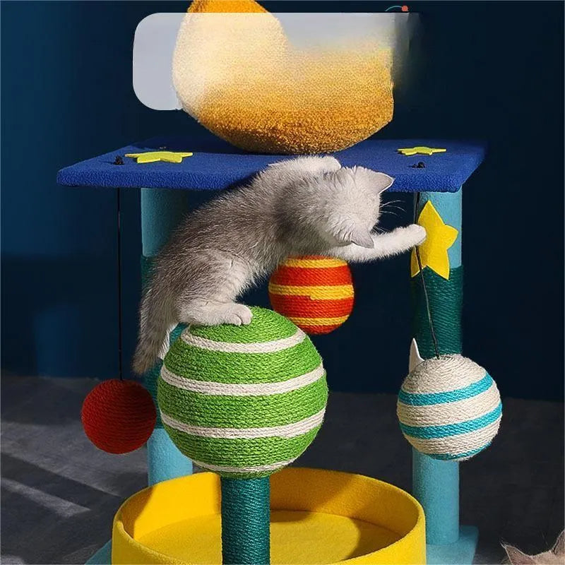 Star-shaped cat climbing frame with teddy velvet shelf nest and sisal scratching post in medium size cartoon style