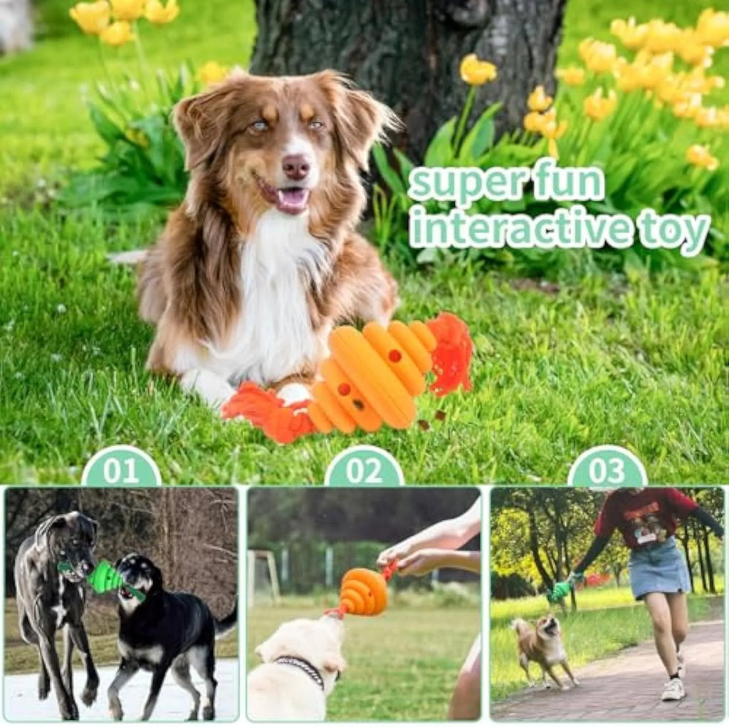 Green and yellow spiral dog ball with attached rope for tug-of-war and treat dispensing