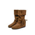 Mid-top western cowboy boots in brown or black with suede leather lining, square toe, low flat heel and rubber sole.