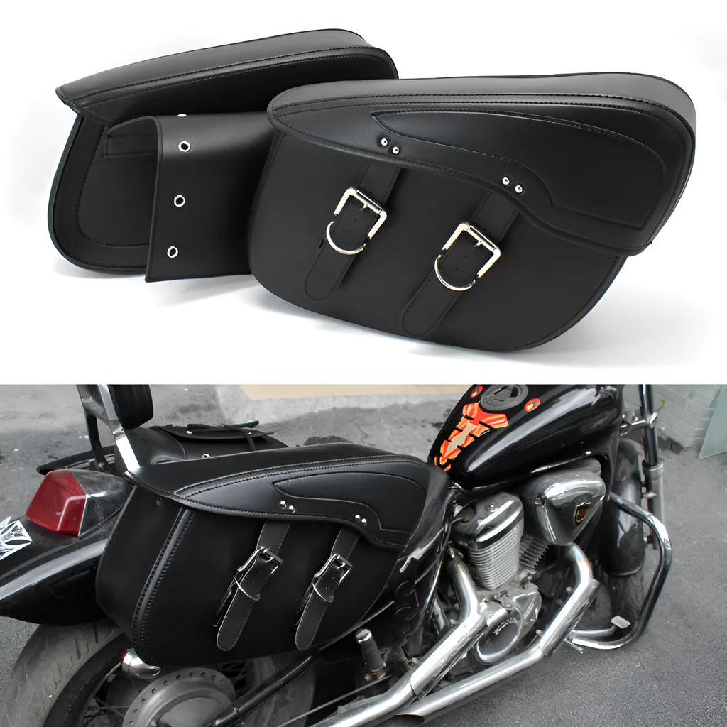 Retro style motorcycle saddle bag in PU leather measuring 42x15x30cm in black colour