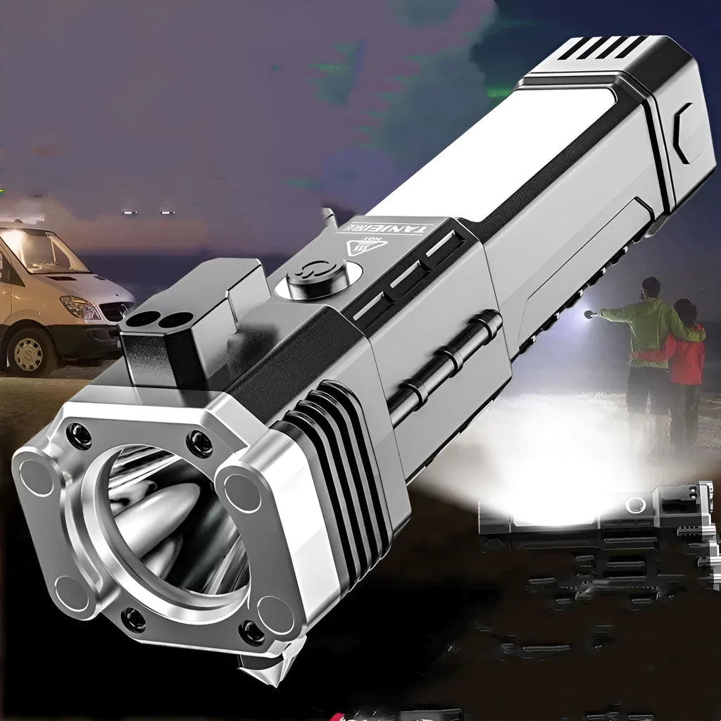 Silver portable flashlight with integrated power bank and LED light, showing plastic construction.