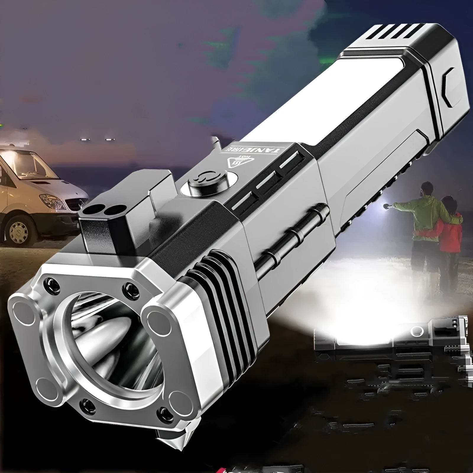 Silver portable flashlight with integrated power bank and LED light, showing plastic construction.