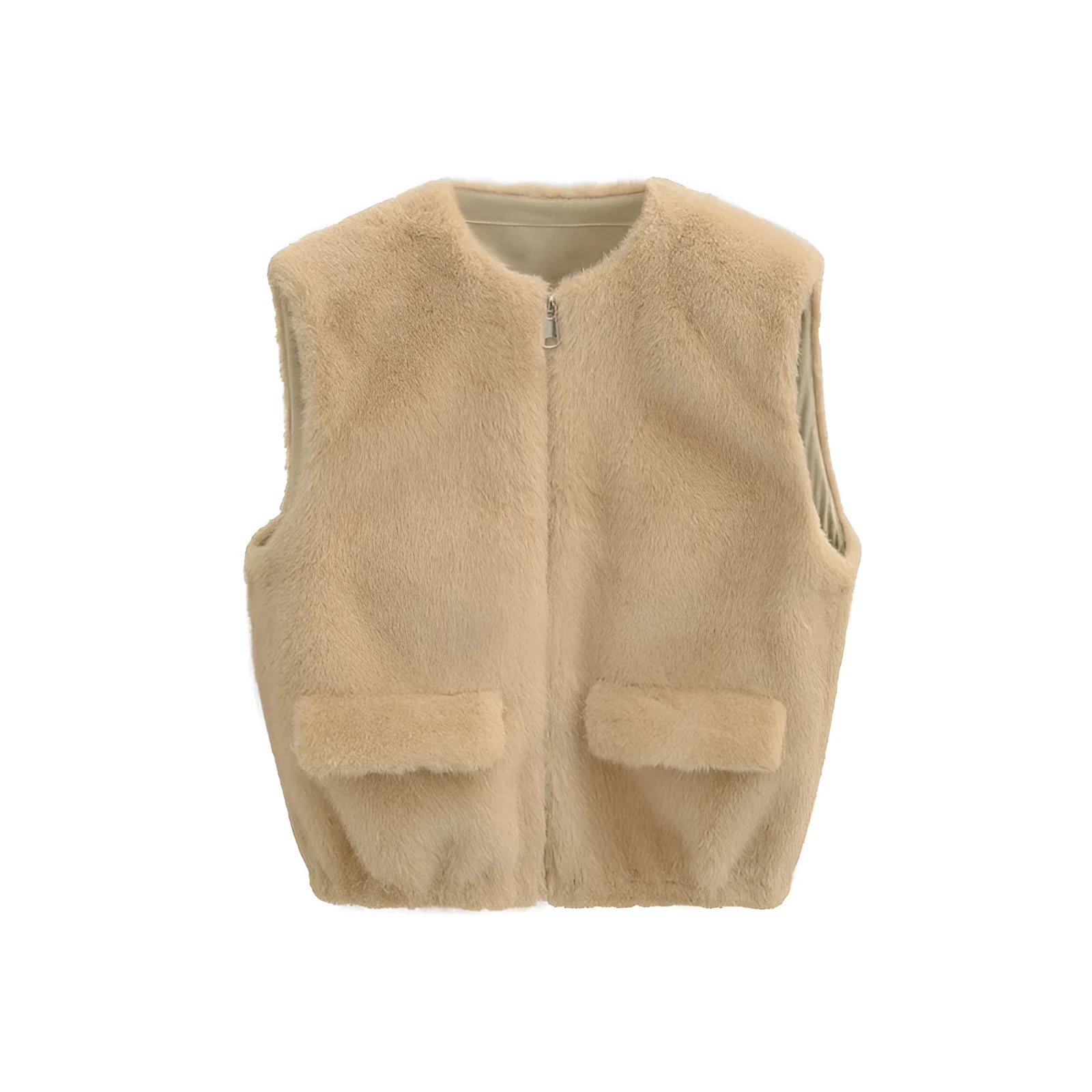 Women's faux fur zipper waistcoat in khaki colour, front view, polyester fabric, casual Korean style
