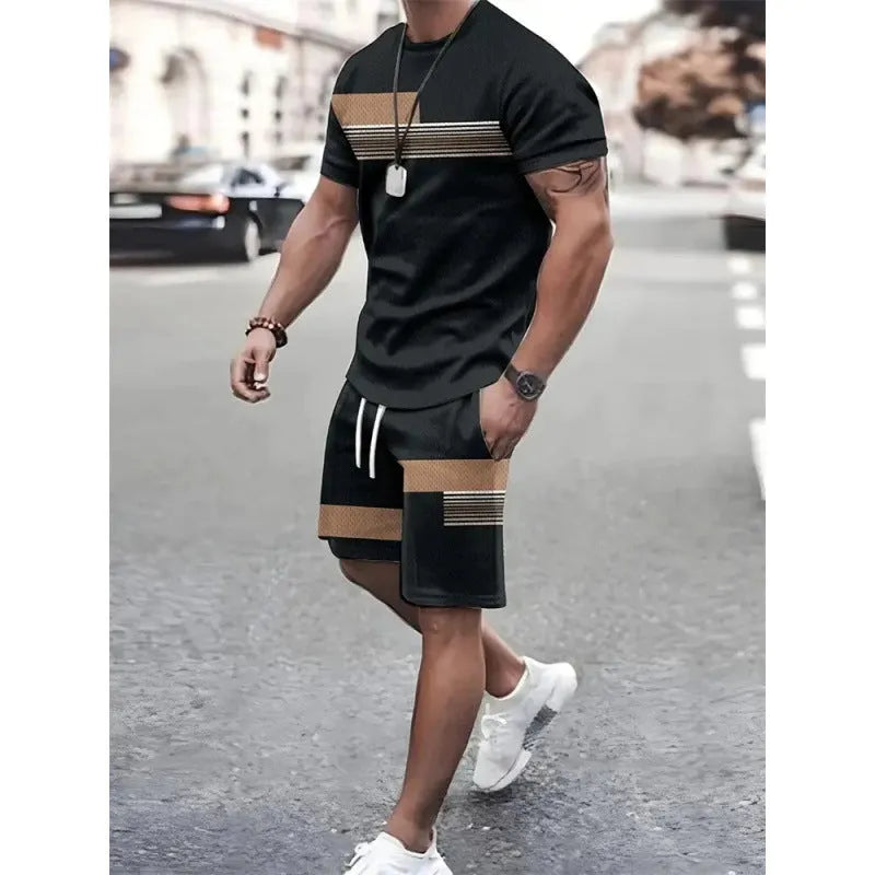Men's two-piece polyester short-sleeved T-shirt and shorts leisure suit in outdoor setting