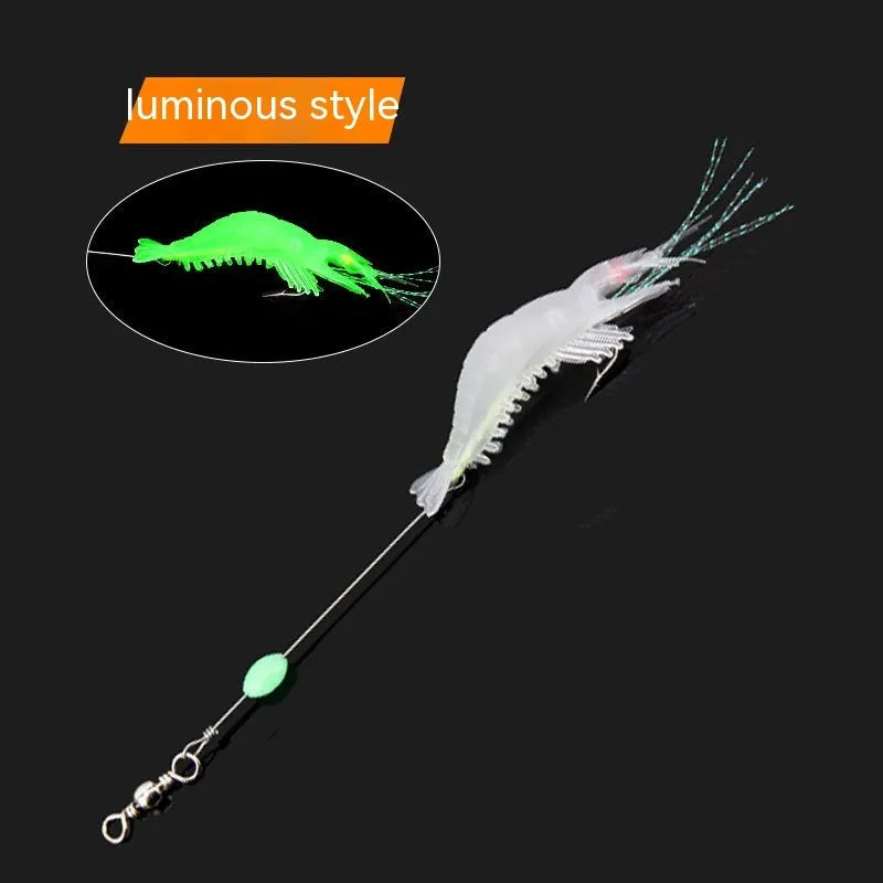 Six soft plastic fishing lures with hooks in various colours including black head yellow body and luminous pink.